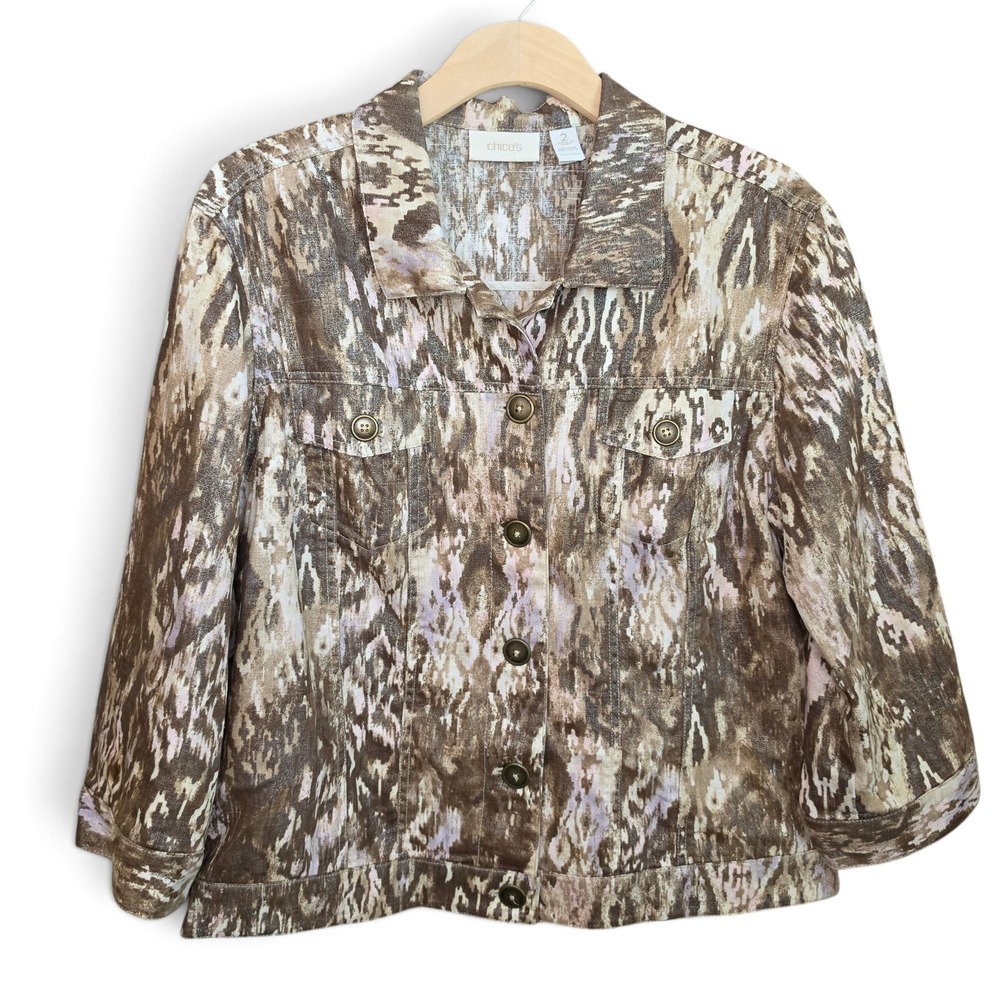 Chicos Linen Blend Jacket Womens 2 Large 12 Ikat Shacket 3/4 Sleeve Brown Tan